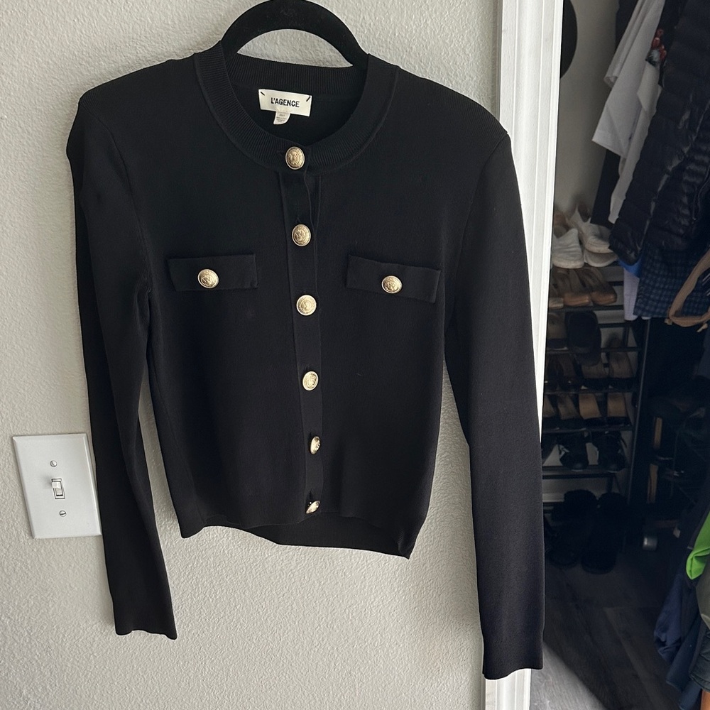 L'AGENCE Black Cardigan with Gold Accents